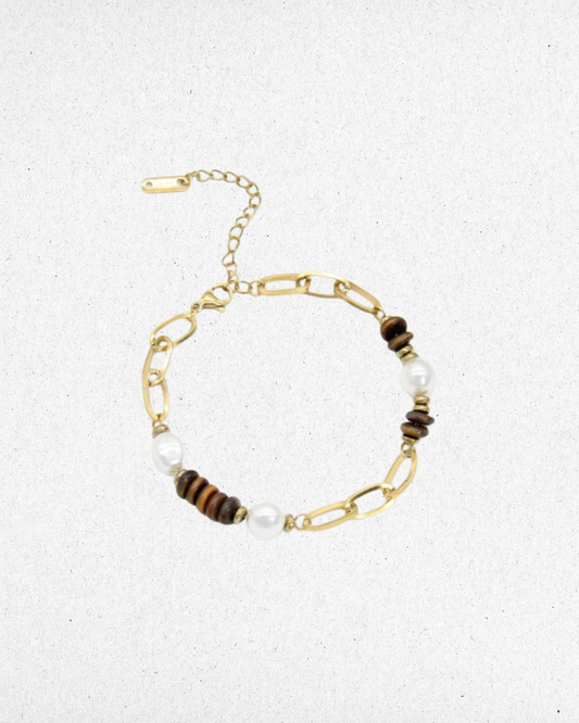 Bracelet maille dorée et perles oeil de tigre